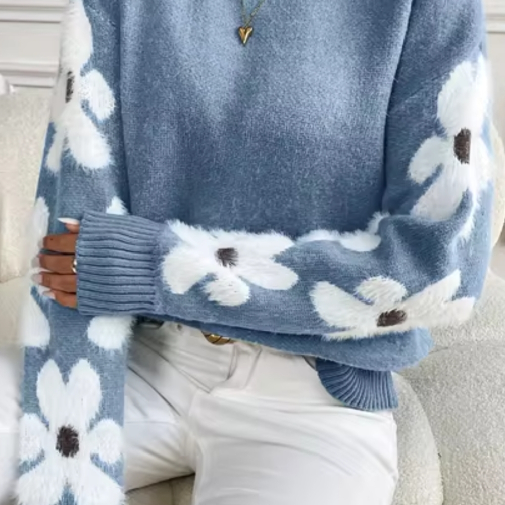 Blue and White Floral Crew Neck Sweater